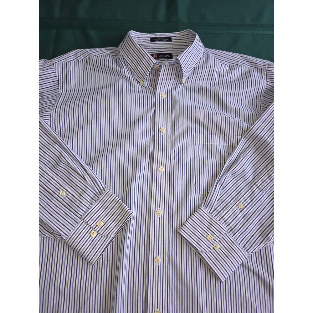 Chaps Mens Blue White Striped Wrinkle Free Button Down Dress Shirt 17.5 32/33